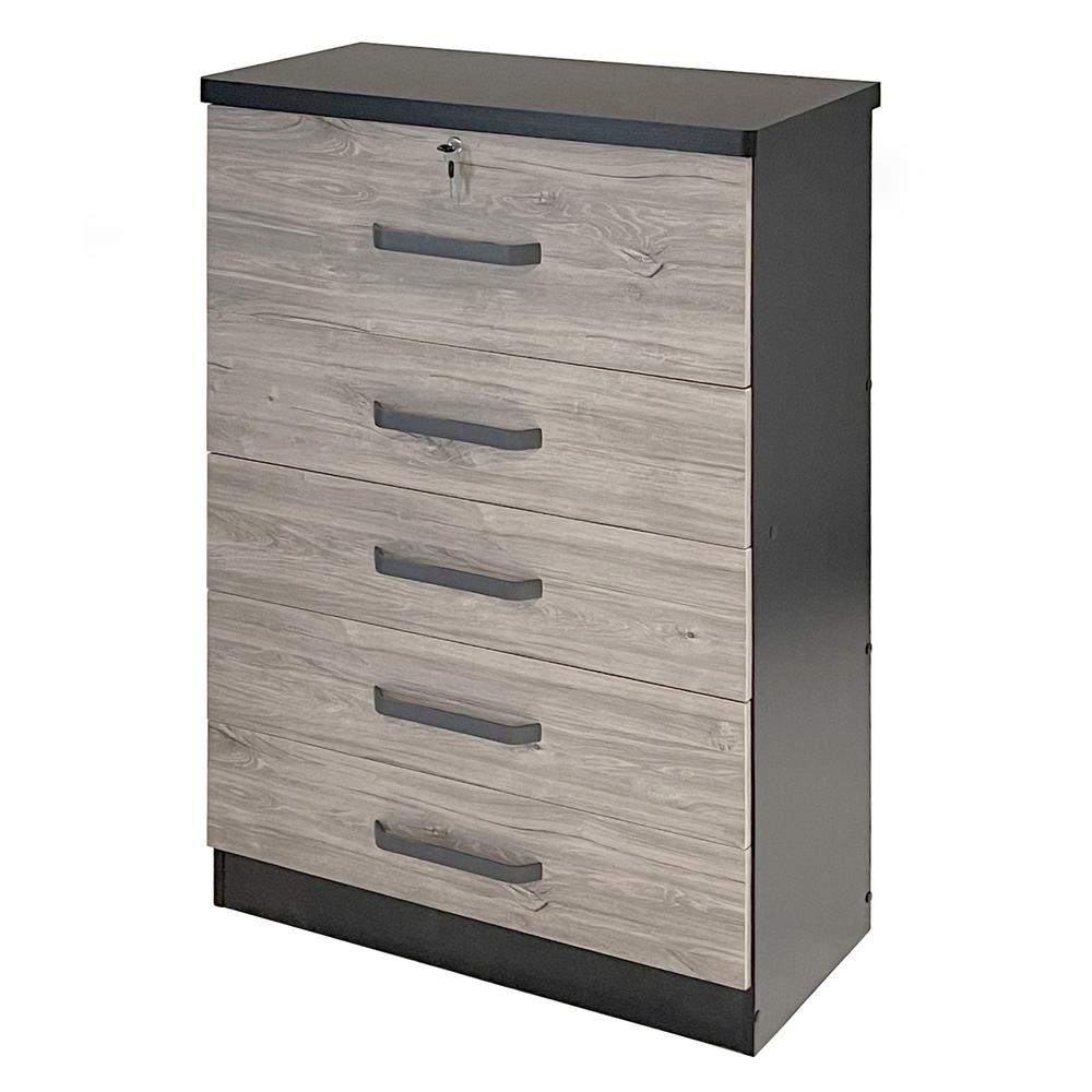 Better Home Products Xia 5 Drawer Chest of Drawers in Black Silver & Gray Oak. Picture 4