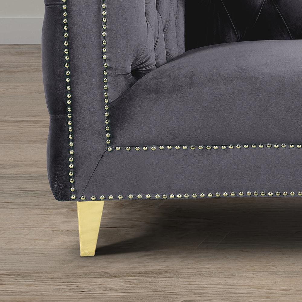 Luxe Velvet Sofa with Gold Legs, Gold Nail head Trim and Button-Tufted Design. Picture 14