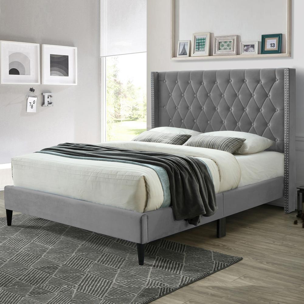 Better Home Products Amelia Velvet Tufted Queen Platform Bed in Gray. Picture 4