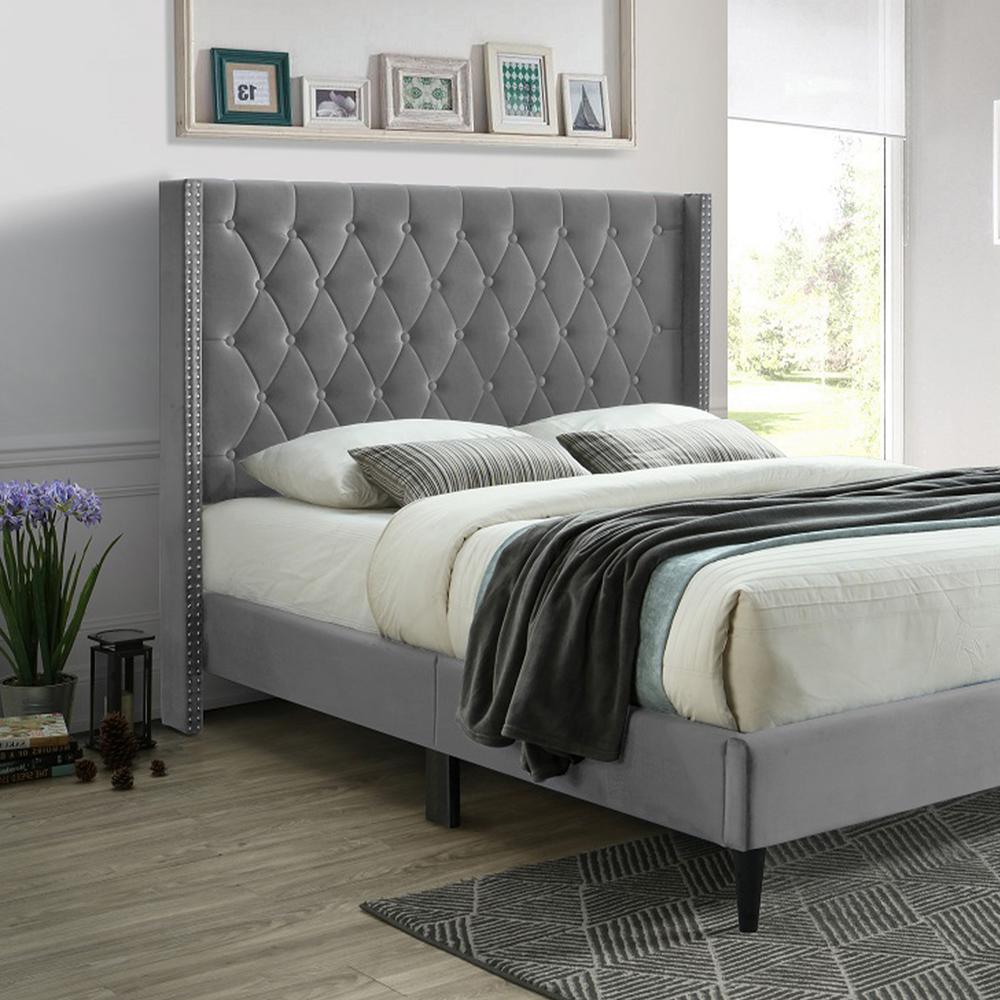 Better Home Products Amelia Velvet Tufted Queen Platform Bed in Gray. Picture 5