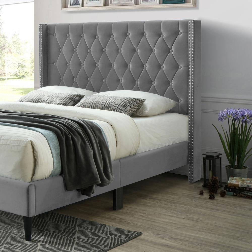 Better Home Products Amelia Velvet Tufted Queen Platform Bed in Gray. Picture 2