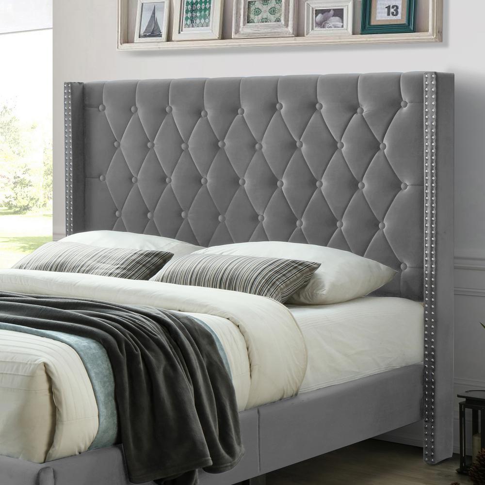 Better Home Products Amelia Velvet Tufted Queen Platform Bed in Gray. Picture 3