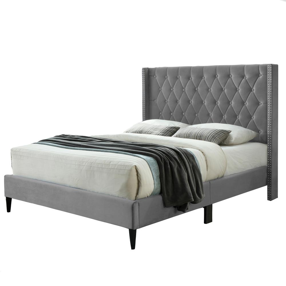 Better Home Products Amelia Velvet Tufted Queen Platform Bed in Gray. Picture 1