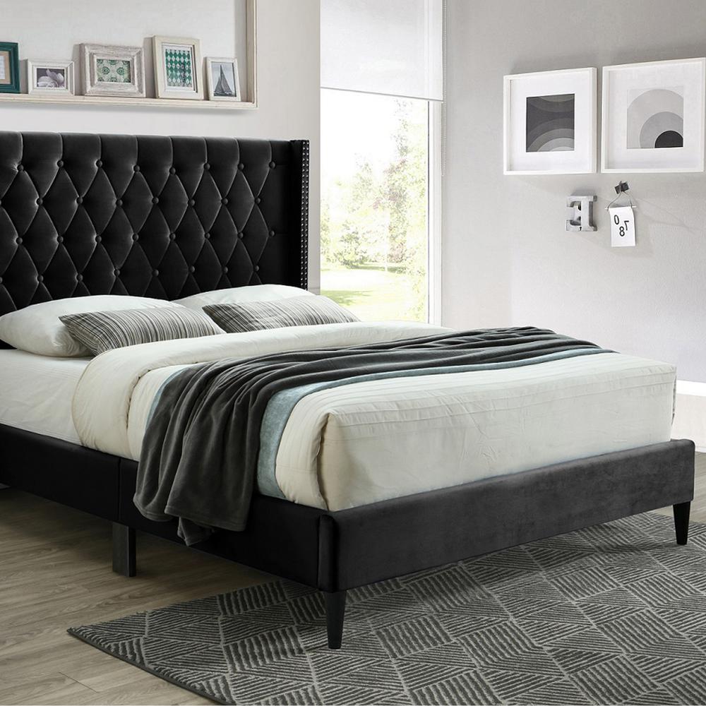 Better Home Products Amelia Velvet Tufted Full Platform Bed in Black. Picture 2