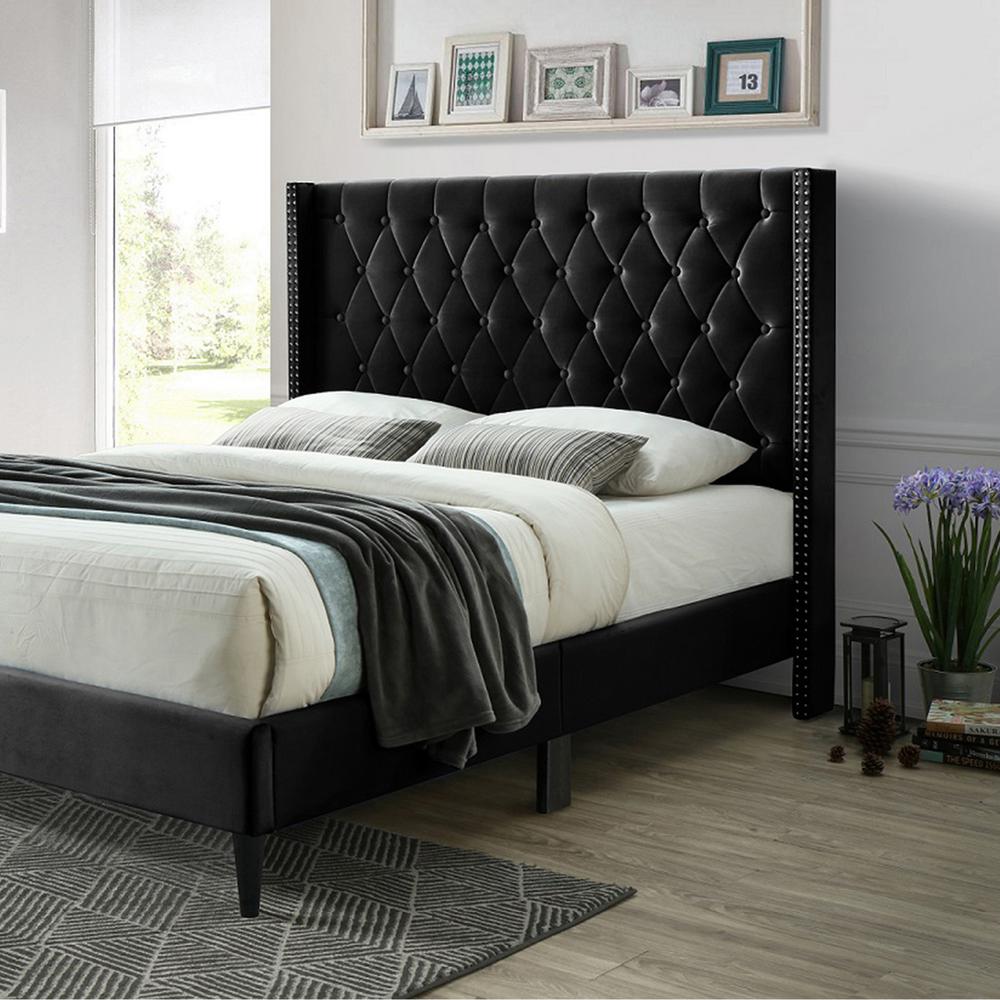 Better Home Products Amelia Velvet Tufted Full Platform Bed in Black. Picture 3