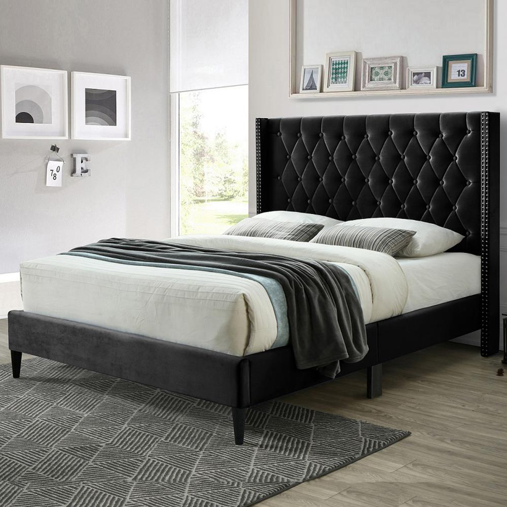 Better Home Products Amelia Velvet Tufted Full Platform Bed in Black. Picture 4