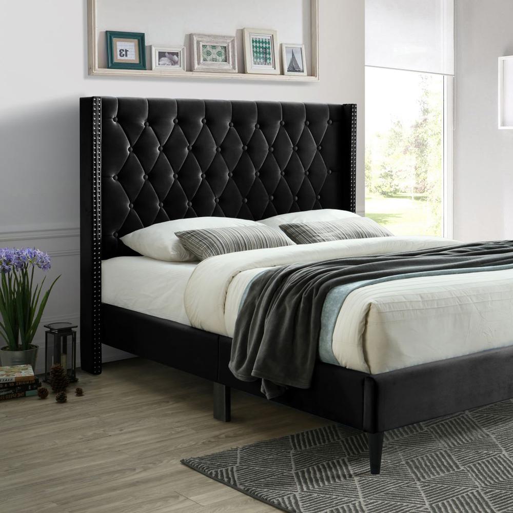 Better Home Products Amelia Velvet Tufted Queen Platform Bed in Black. Picture 5