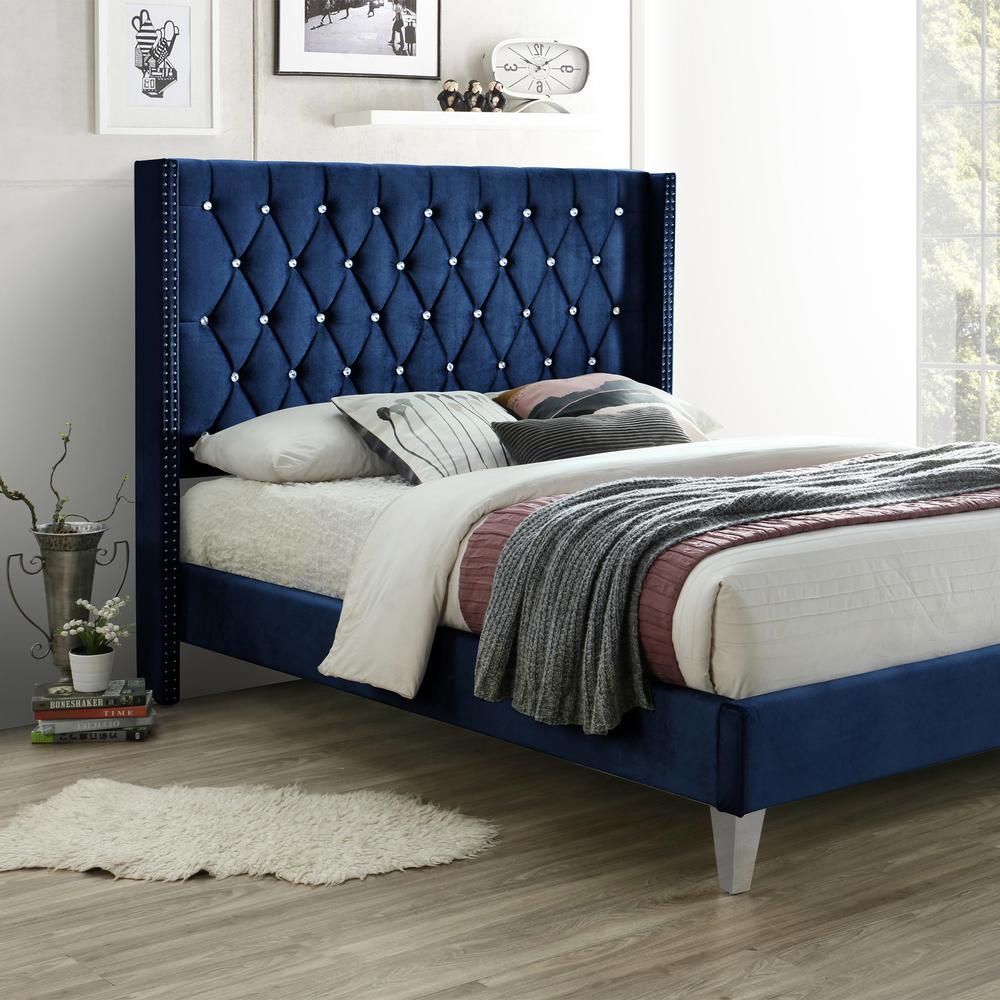 Better Home Products Alexa Velvet Upholstered Full Platform Bed in Blue. Picture 2