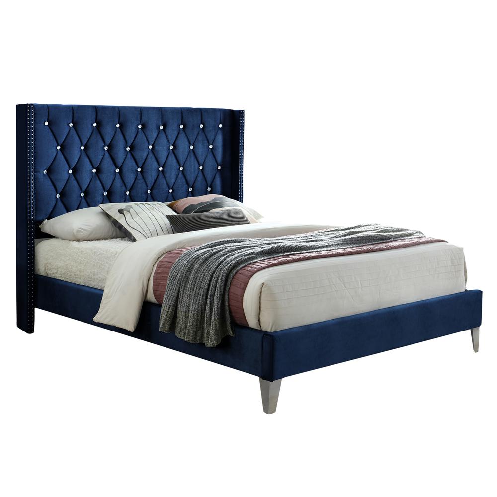 Better Home Products Alexa Velvet Upholstered Full Platform Bed in Blue. Picture 1