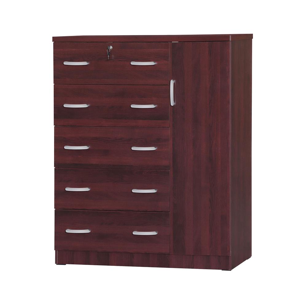 Better Home Products JCF Sofie 5 Drawer Wooden Tall Chest Wardrobe in Mahogany. Picture 1