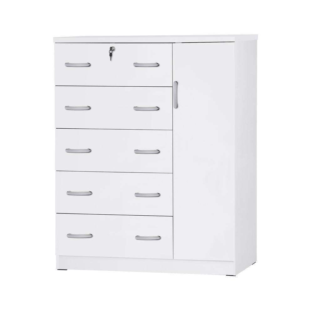 Better Home Products JCF Sofie 5 Drawer Wooden Tall Chest Wardrobe in White. Picture 1