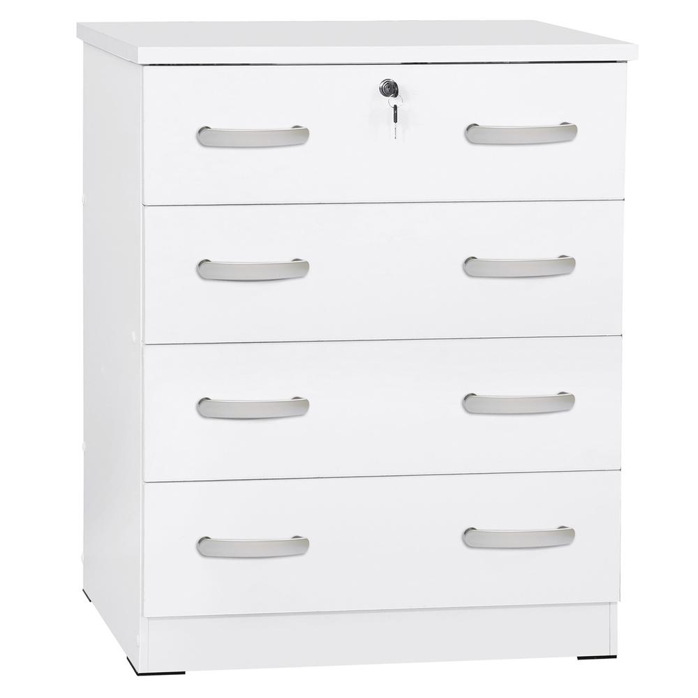 Better Home Products Cindy 4 Drawer Chest Wooden Dresser with Lock in White. Picture 1