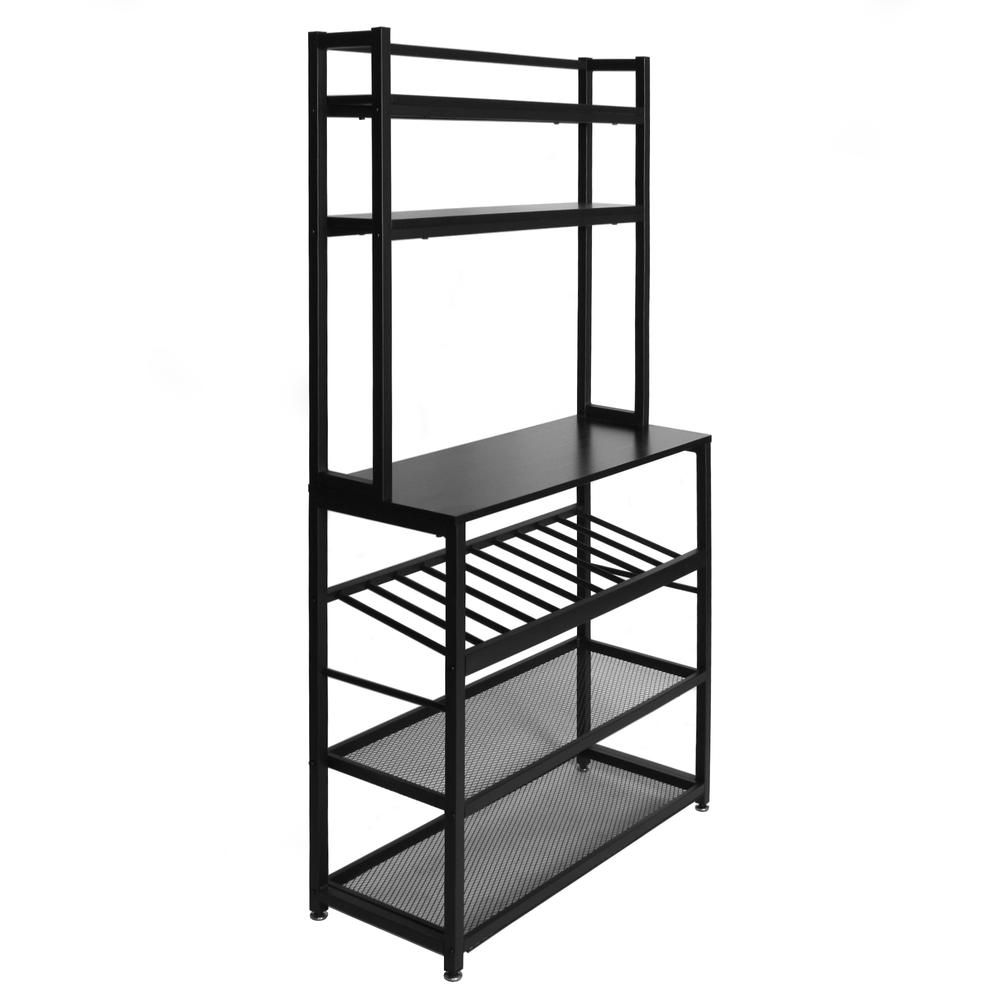 Better Home Products 6 Tier Metal Kitchen Baker's Rack with Wine Rack in Black. Picture 1