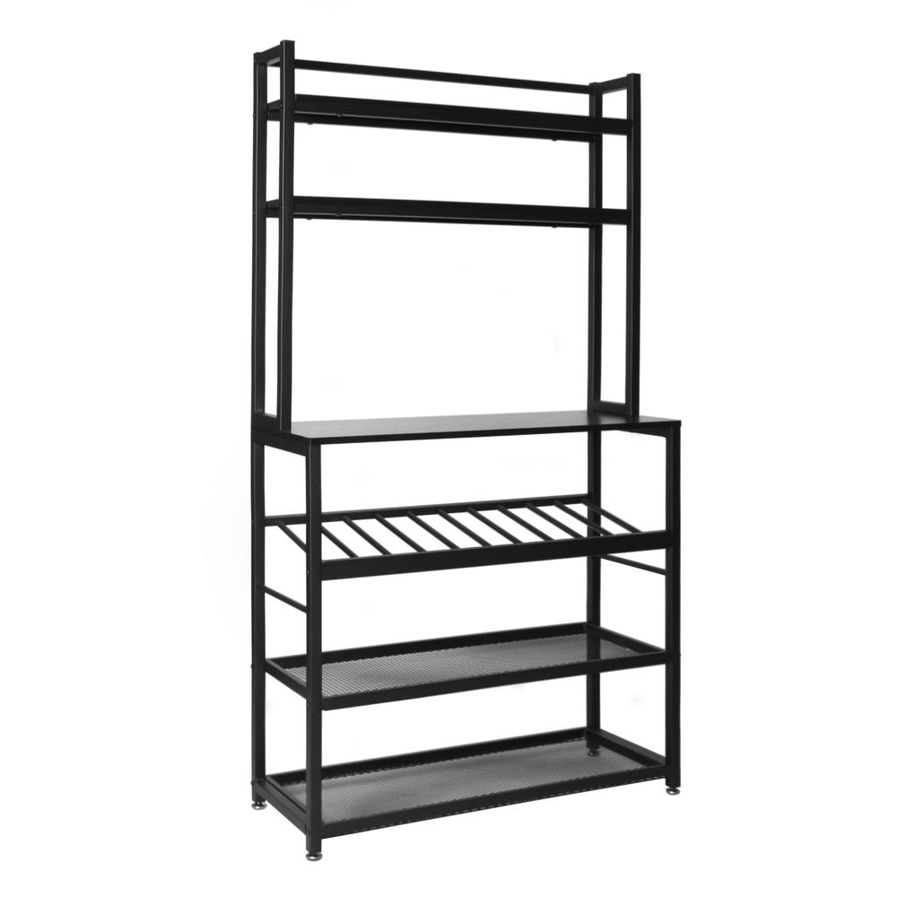 Better Home Products 6 Tier Metal Kitchen Baker's Rack with Wine Rack in Black. Picture 2