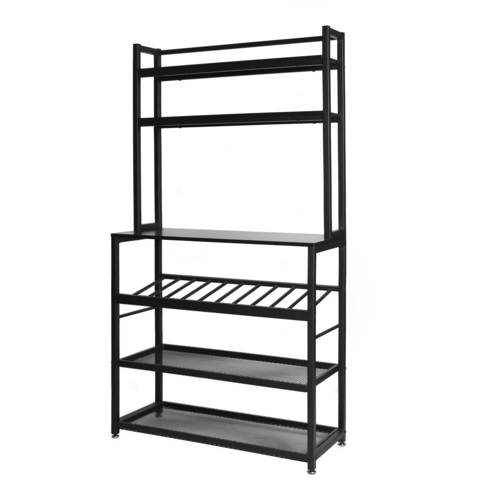Better Home Products 6 Tier Metal Kitchen Baker's Rack with Wine Rack in Black. Picture 3