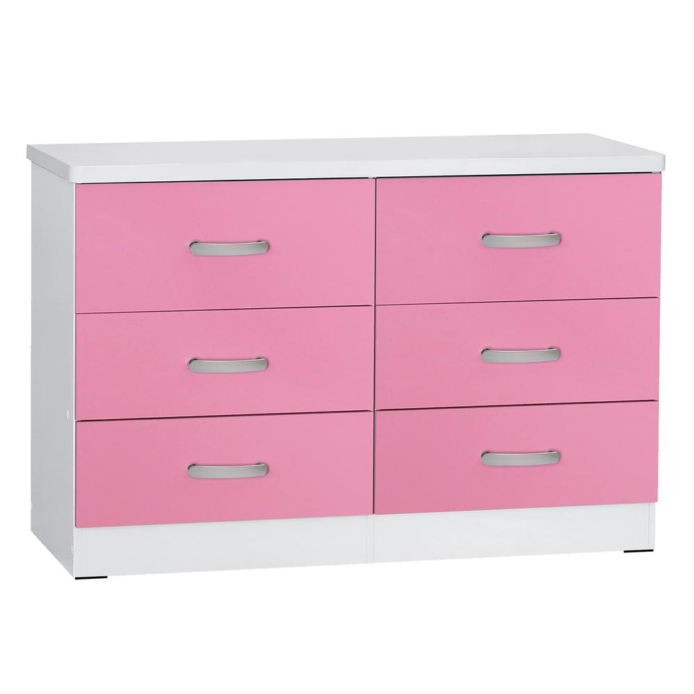 Better Home Products DD & PAM 6 Drawer Engineered Wood Dresser in White and Pink. Picture 1
