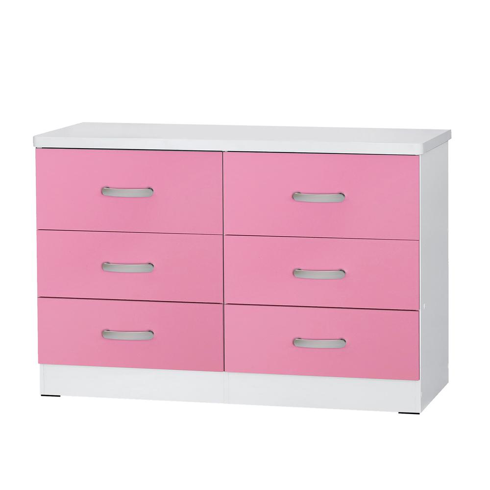 Better Home Products DD & PAM 6 Drawer Engineered Wood Dresser in White and Pink. Picture 2