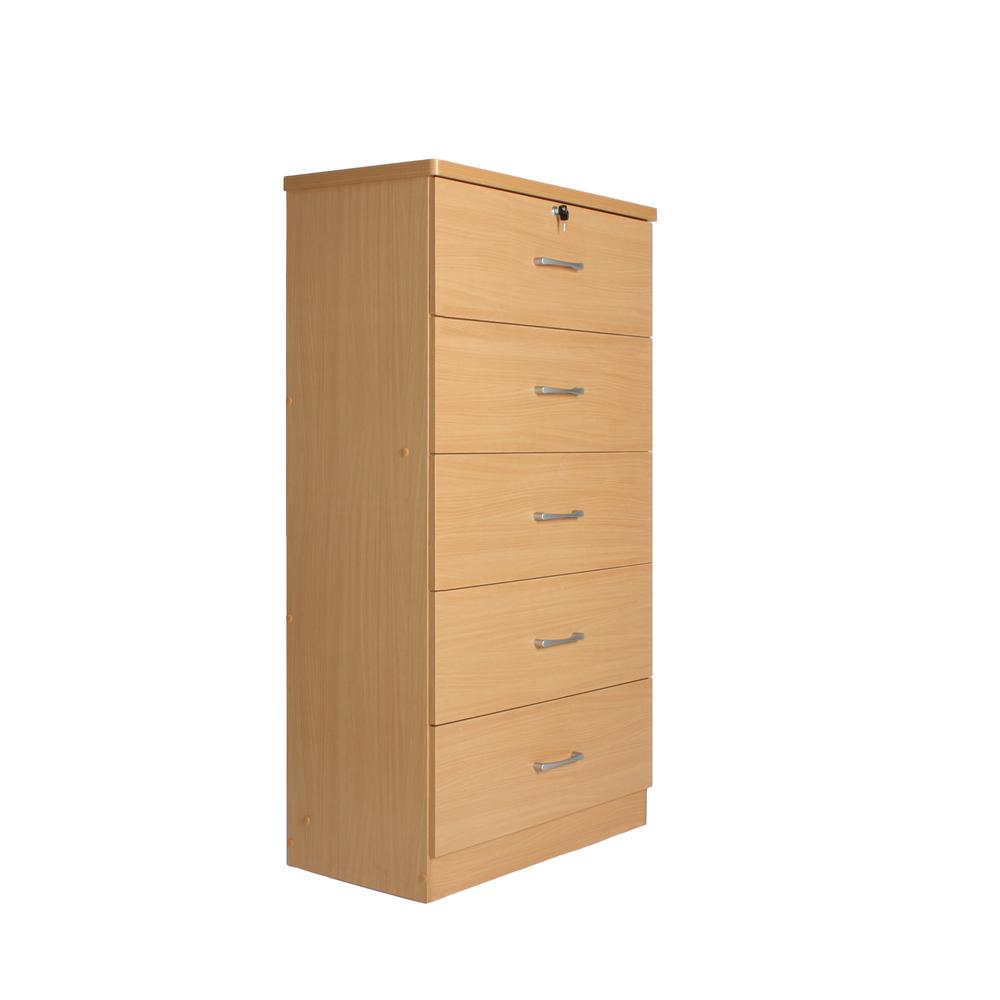 Better Home Products Olivia Wooden Tall 5 Drawer Chest Bedroom Dresser in Beech. Picture 1
