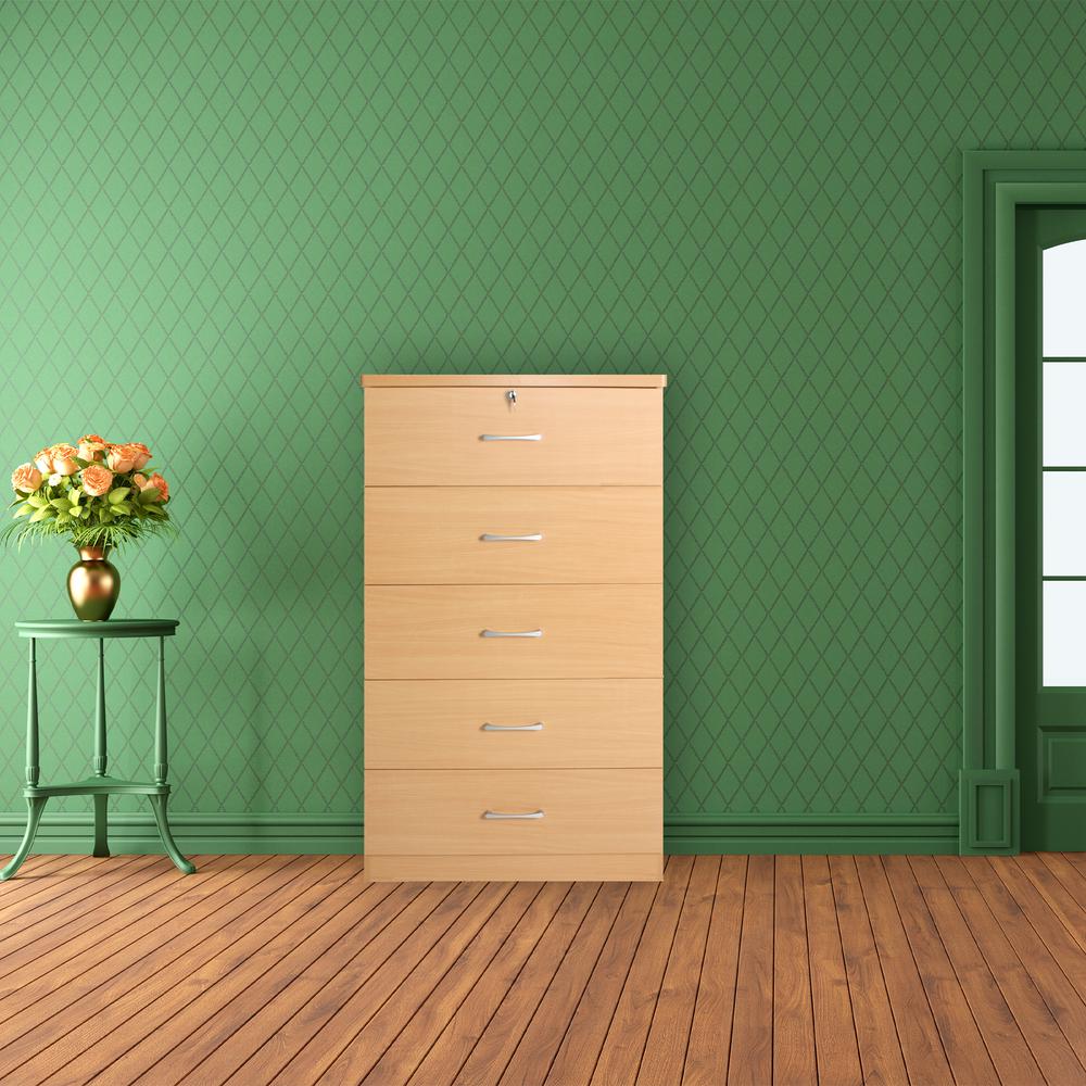 Better Home Products Olivia Wooden Tall 5 Drawer Chest Bedroom Dresser in Beech. Picture 8