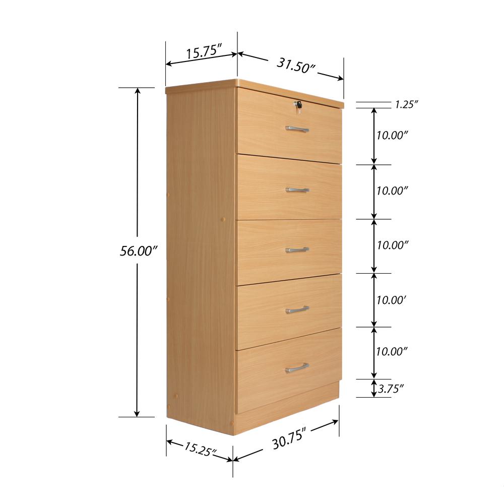 Better Home Products Olivia Wooden Tall 5 Drawer Chest Bedroom Dresser in Beech. Picture 7