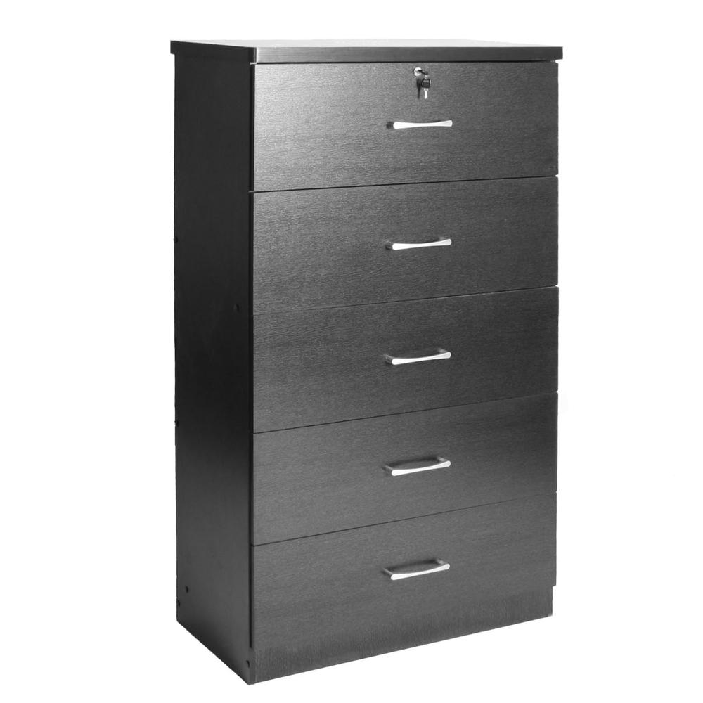 Better Home Products Olivia Wooden Tall 5 Drawer Chest Bedroom Dresser in Black. Picture 1