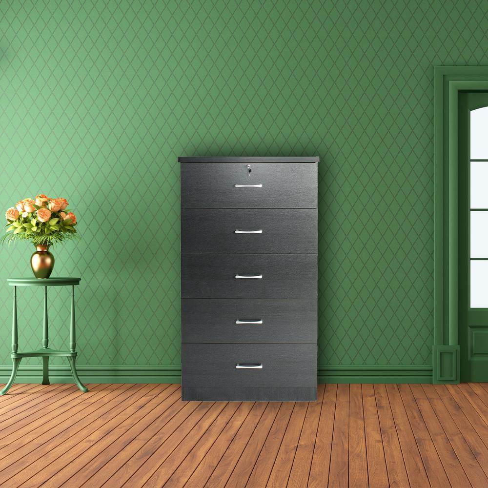 Better Home Products Olivia Wooden Tall 5 Drawer Chest Bedroom Dresser in Black. Picture 4