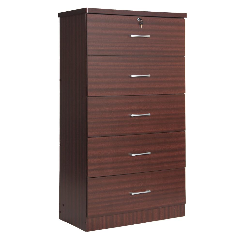 Better Home Products Olivia Wooden Tall 5 Drawer Chest Bedroom Dresser Mahogany. Picture 1