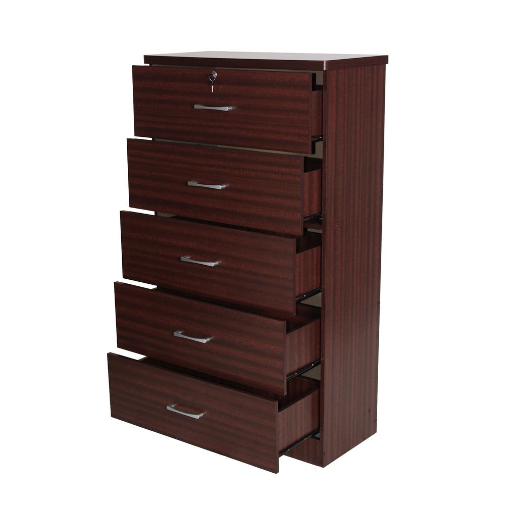Better Home Products Olivia Wooden Tall 5 Drawer Chest Bedroom Dresser Mahogany. Picture 4