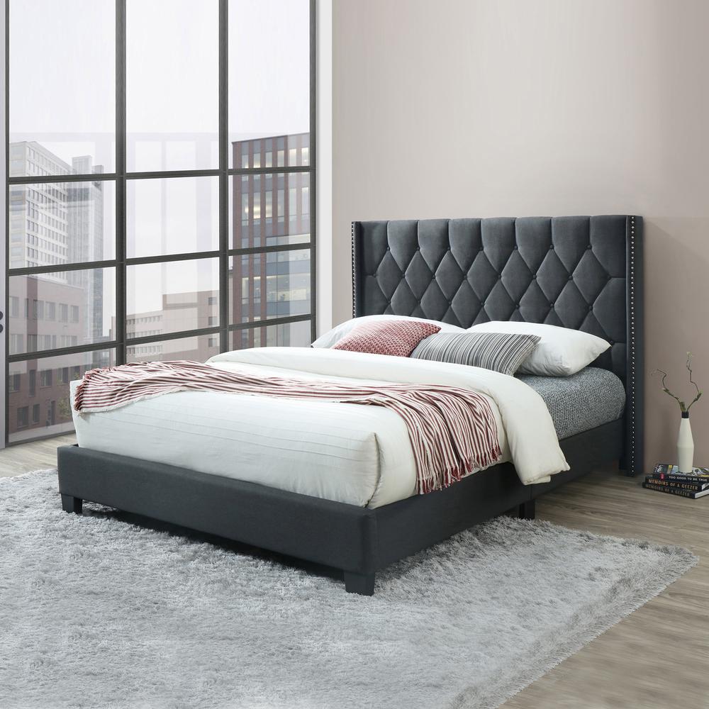 Better Home Products Amelia Fabric Tufted Queen Platform Bed in Charcoal. Picture 2