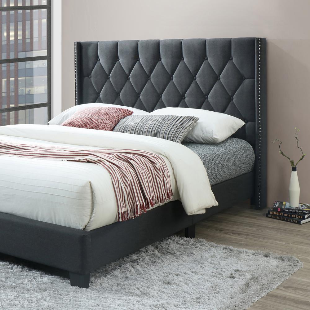 Better Home Products Amelia Fabric Tufted Queen Platform Bed in Charcoal. Picture 6