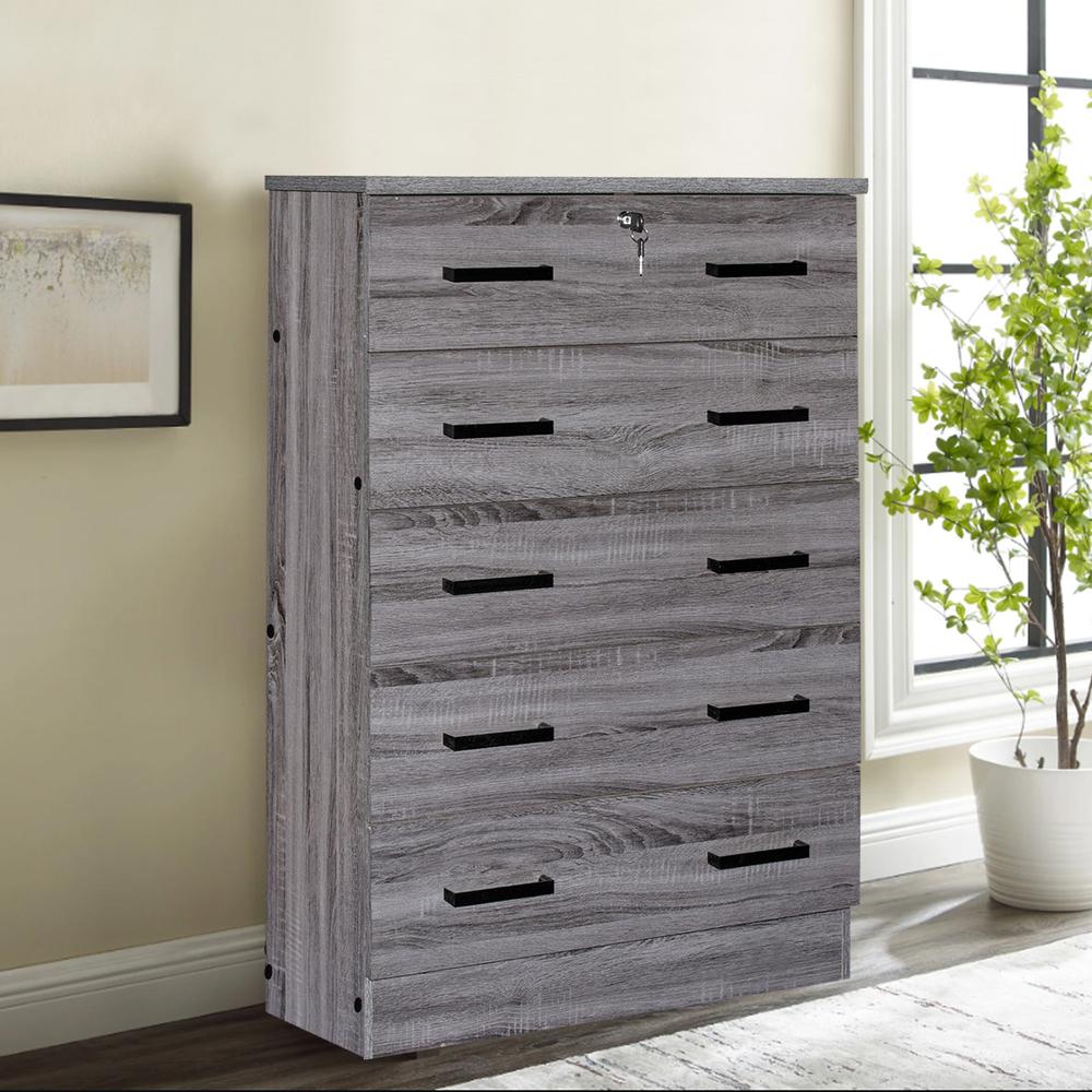 Better Home Products Cindy 5 Drawer Chest Wooden Dresser with Lock in Gray. Picture 14