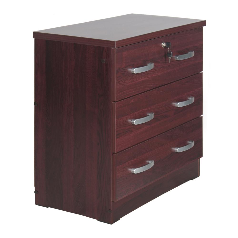 Better Home Products Cindy Wooden 3 Drawer Chest Bedroom Dresser in Mahogany. Picture 1