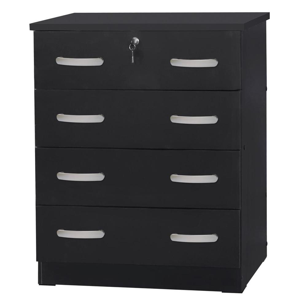 Better Home Products Cindy 4 Drawer Chest Wooden Dresser with Lock in Black. Picture 1