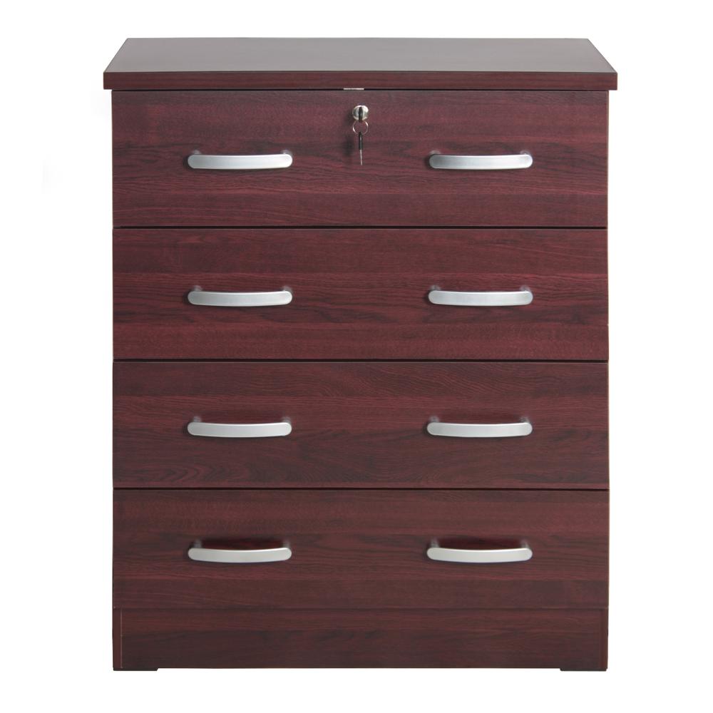 Better Home Products Cindy 4 Drawer Chest Wooden Dresser with Lock in Mahogany. Picture 1