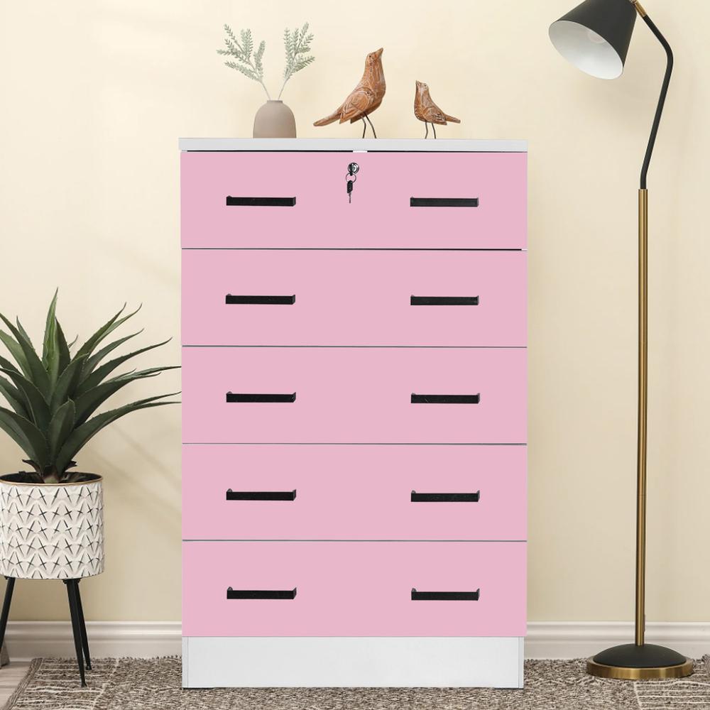 Better Home Products Cindy 5 Drawer Chest Wooden Dresser with Lock in Pink. Picture 5