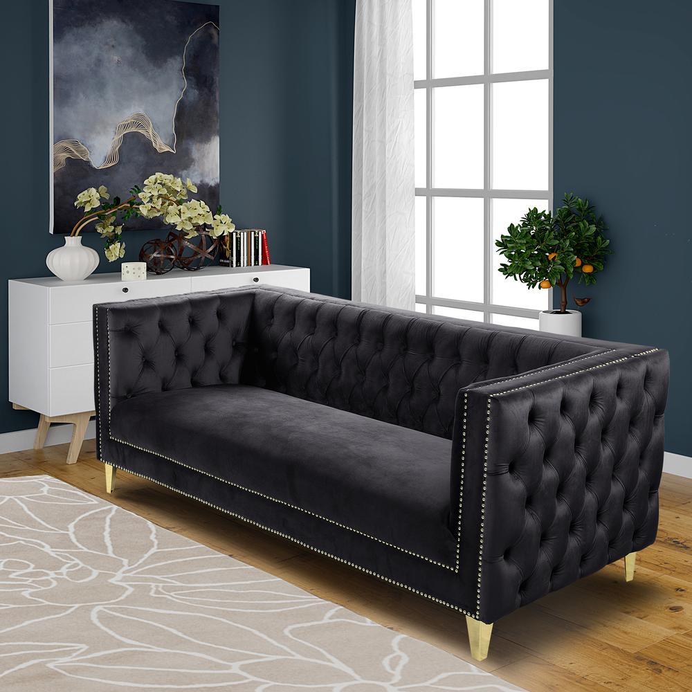 Luxe Velvet Sofa with Gold Legs, Gold Nail head Trim and Button-Tufted Design. Picture 21