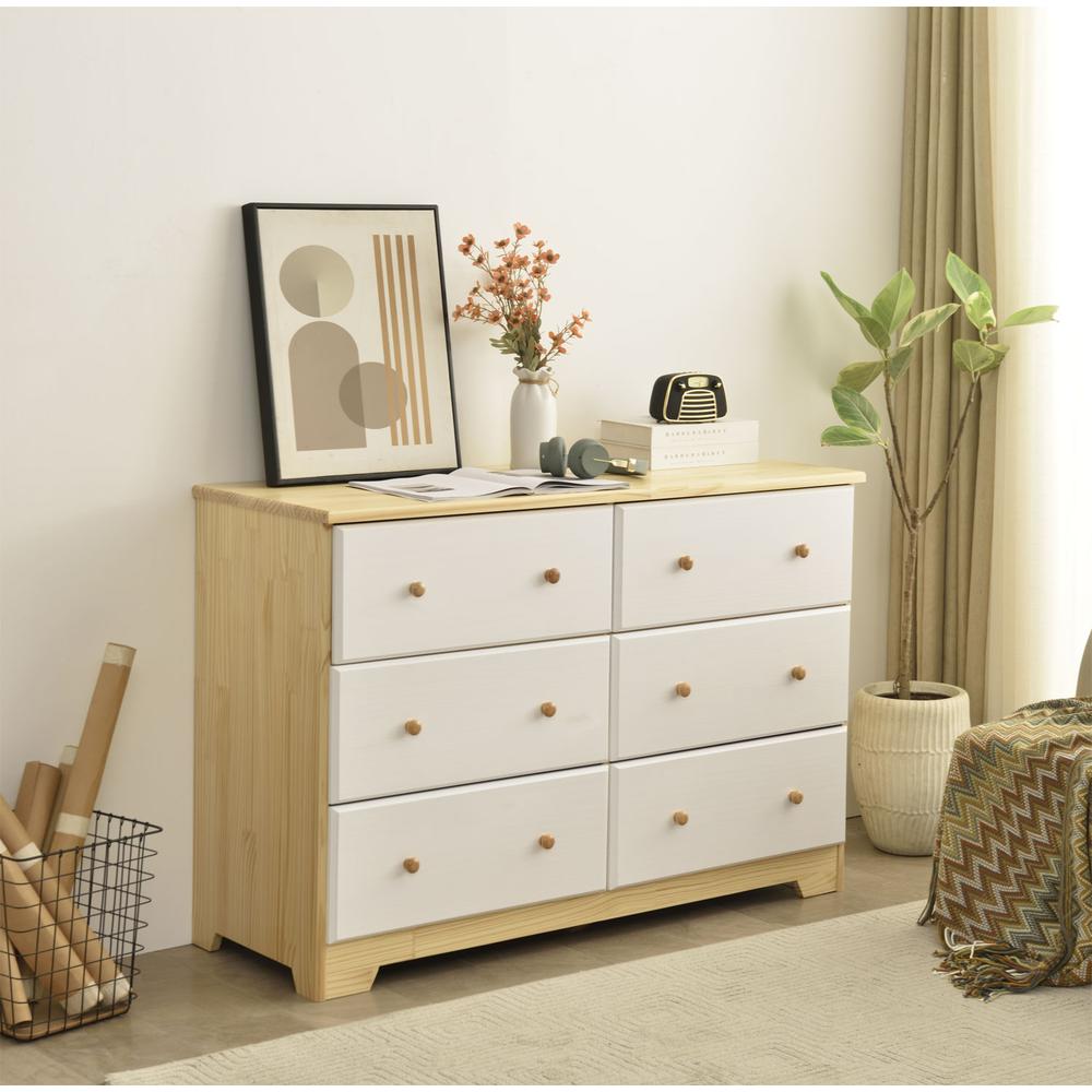 Better Home Products Solid Pine Wood 6 Drawer Double Dresser in Natural & White.. Picture 8