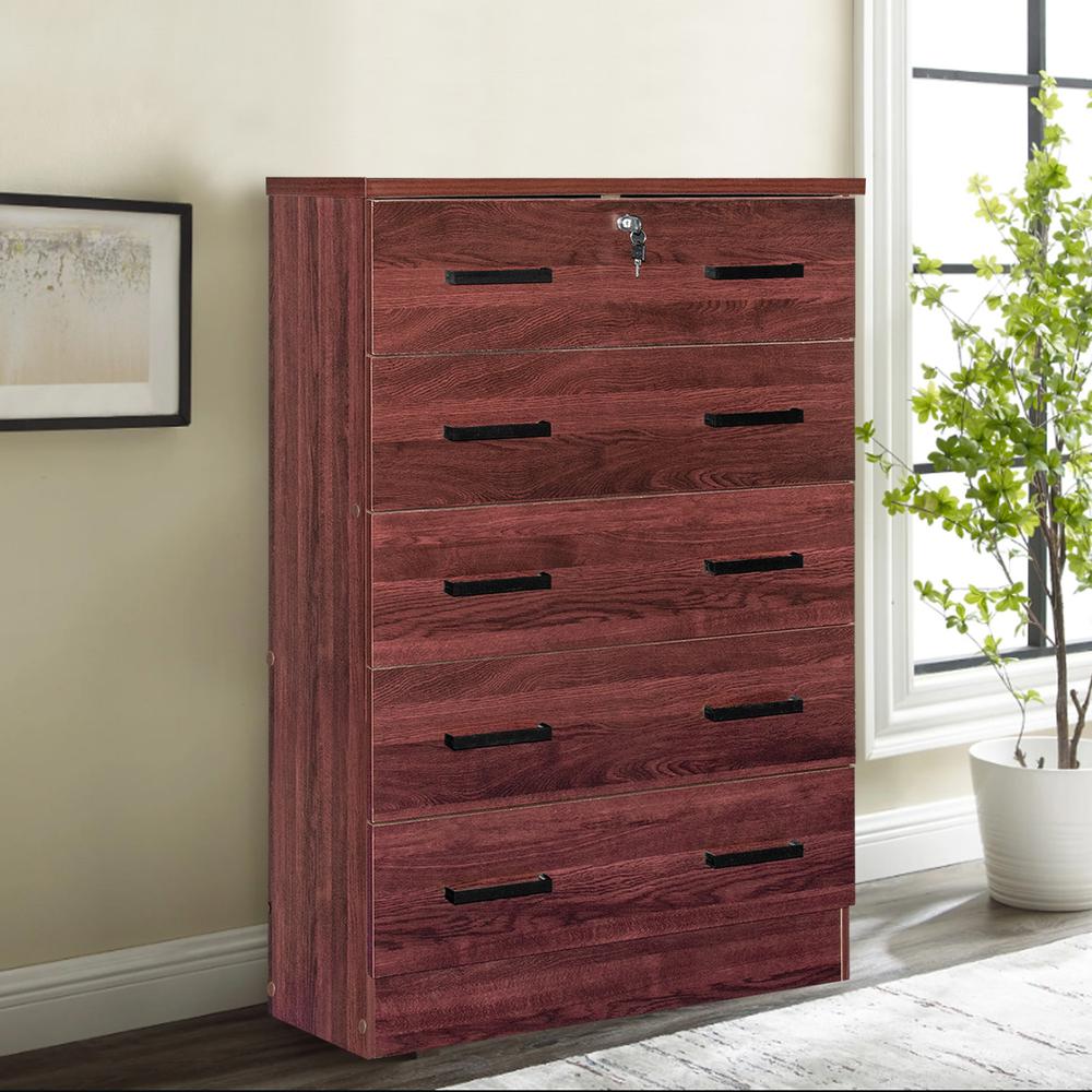 Better Home Products Cindy 5 Drawer Chest Wooden Dresser with Lock in Mahogany. Picture 9