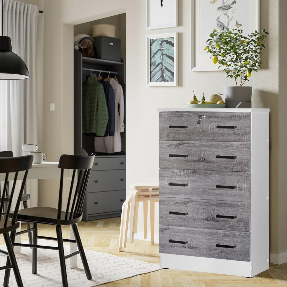 Better Home Products Cindy 5 Drawer Chest Wooden Dresser with Lock in White/Gray. Picture 11