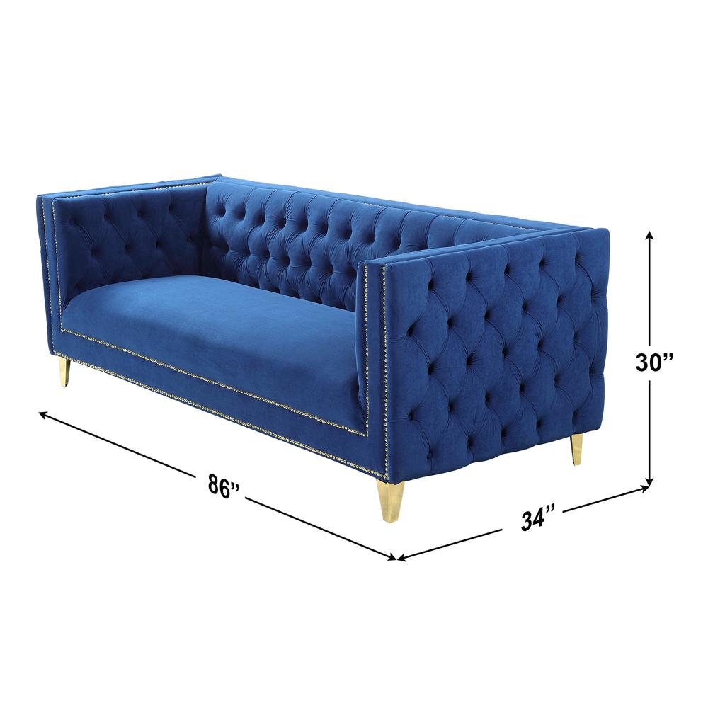 Luxe Velvet Sofa with Gold Legs, Gold Nail head Trim and Button-Tufted Design. Picture 12