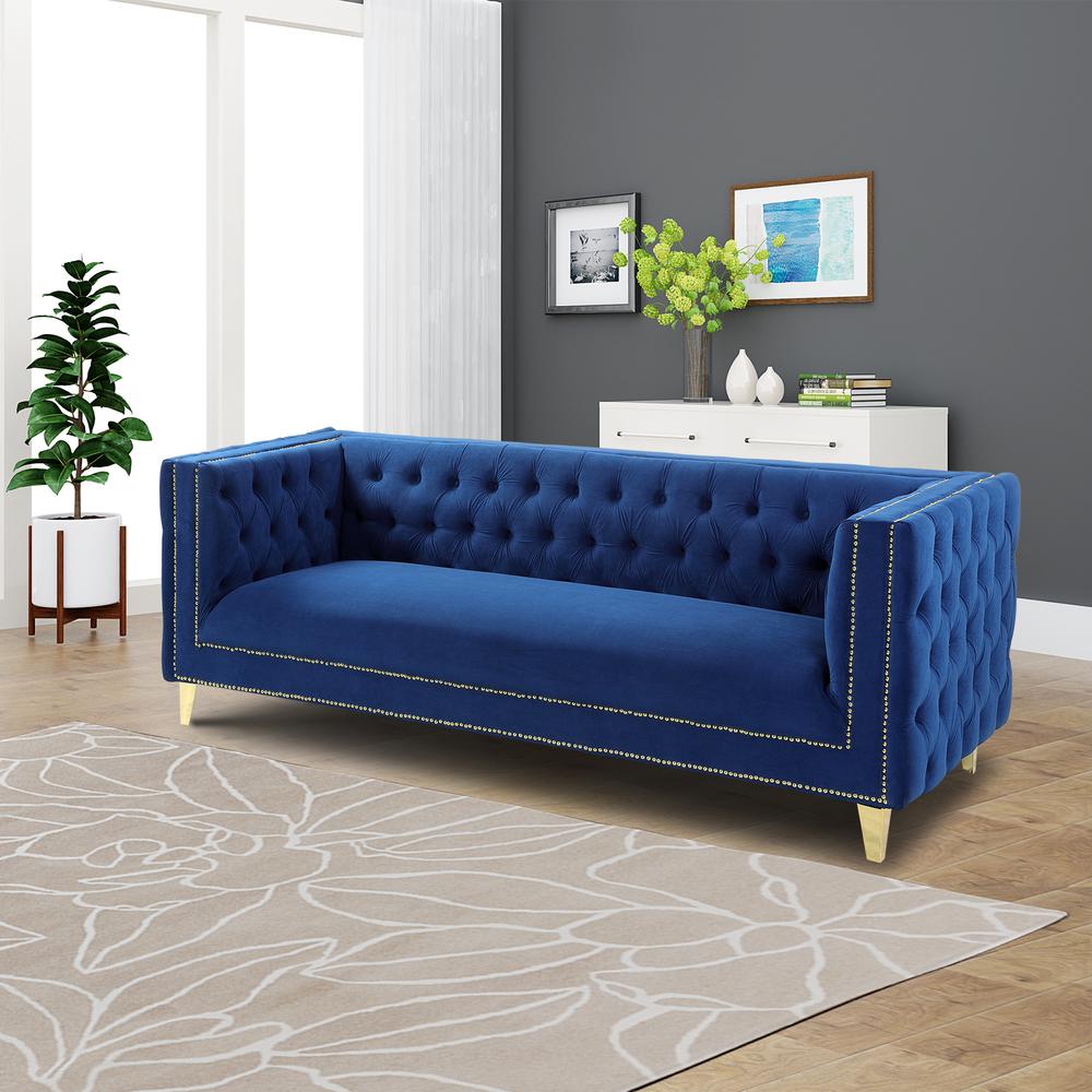Luxe Velvet Sofa with Gold Legs, Gold Nail head Trim and Button-Tufted Design. Picture 20