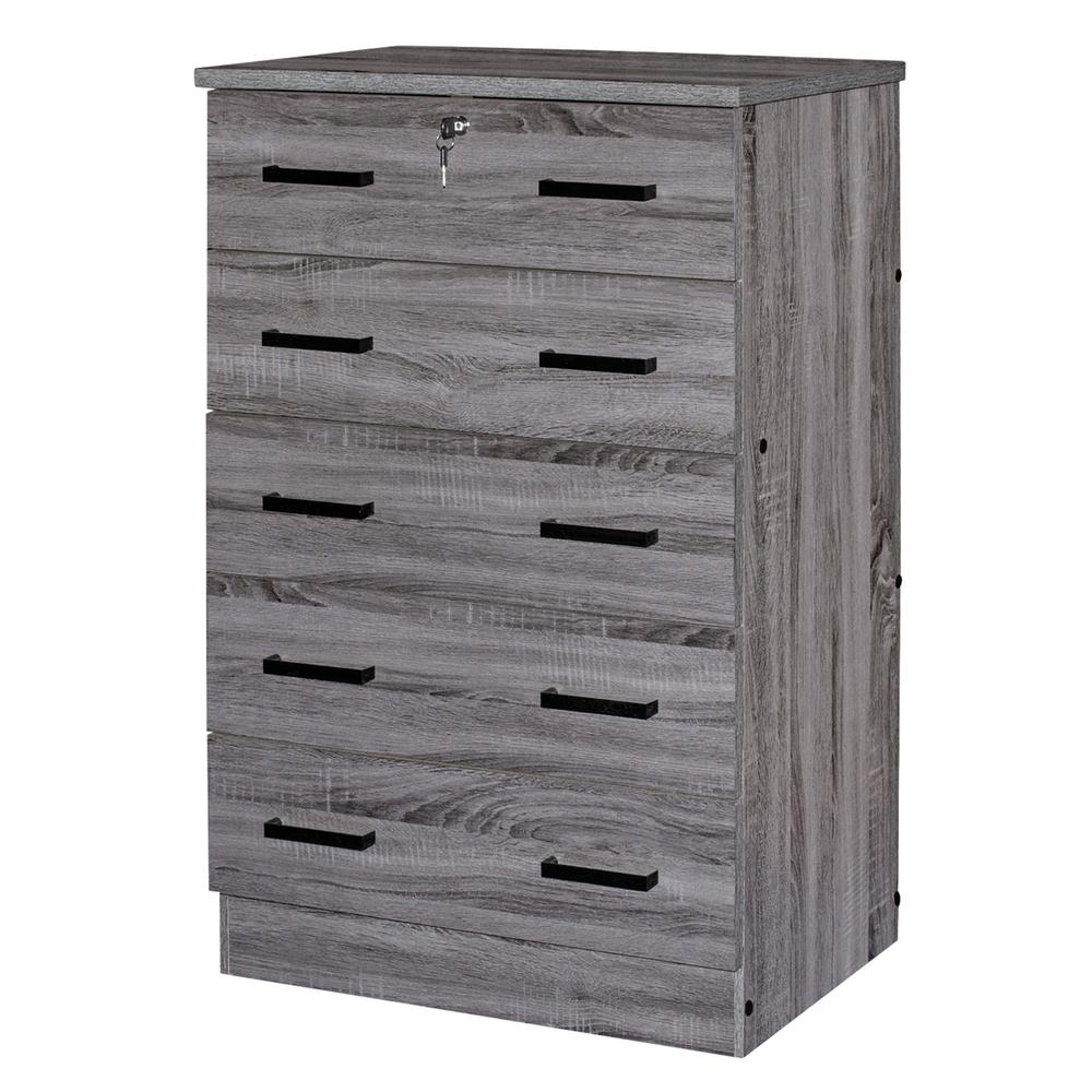 Better Home Products Cindy 5 Drawer Chest Wooden Dresser with Lock in Gray. Picture 8