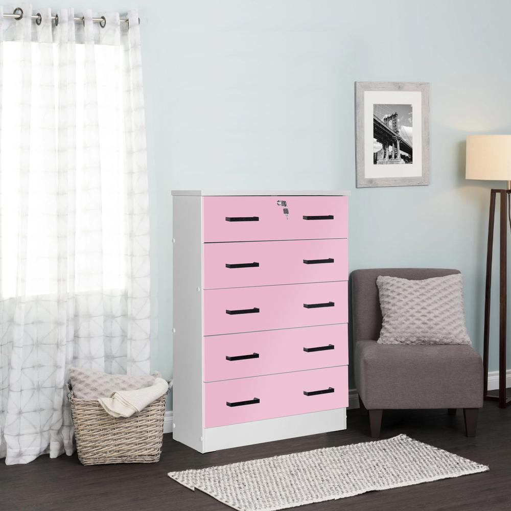 Better Home Products Cindy 5 Drawer Chest Wooden Dresser with Lock in Pink. Picture 11
