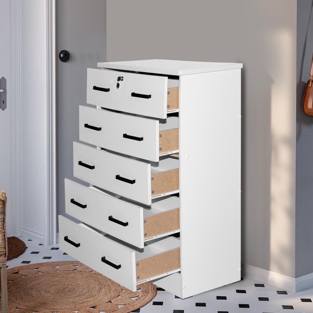 Better Home Products Cindy 5 Drawer Chest Wooden Dresser with Lock in White. Picture 8