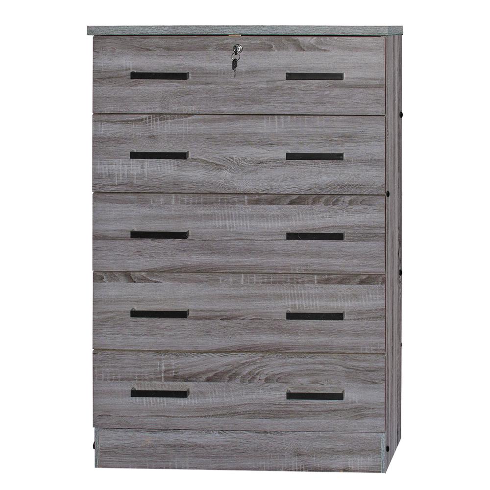 Better Home Products Cindy 5 Drawer Chest Wooden Dresser with Lock in Gray. Picture 2