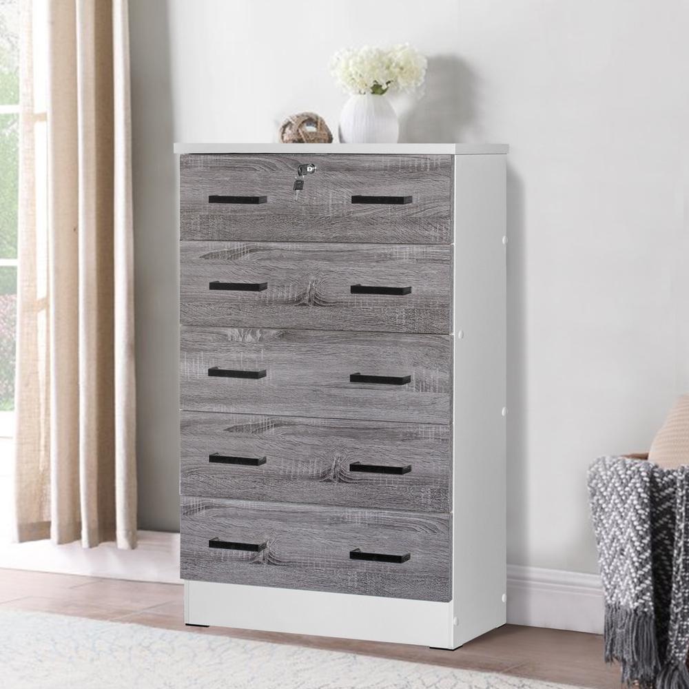 Better Home Products Cindy 5 Drawer Chest Wooden Dresser with Lock in White/Gray. Picture 14