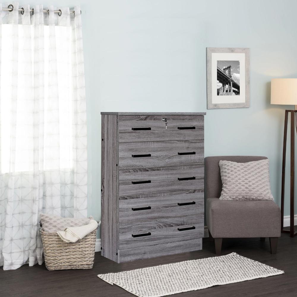 Better Home Products Cindy 5 Drawer Chest Wooden Dresser with Lock in Gray. Picture 12