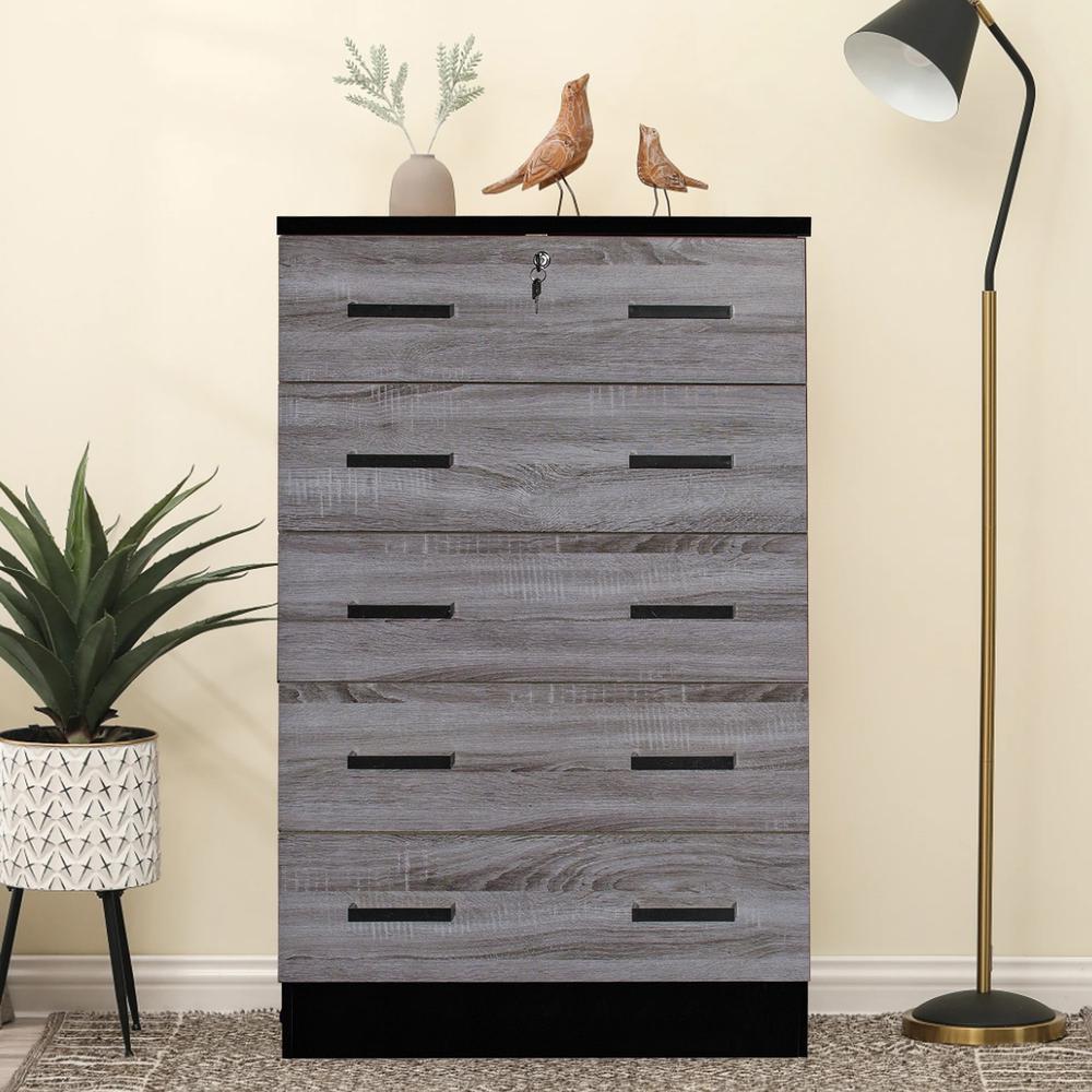 Better Home Products Cindy 5 Drawer Chest Wooden Dresser with Lock in Ebony. Picture 4