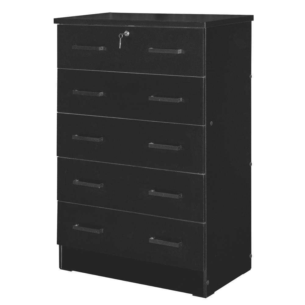 Better Home Products Cindy 5 Drawer Chest Wooden Dresser with Lock in Black. Picture 3