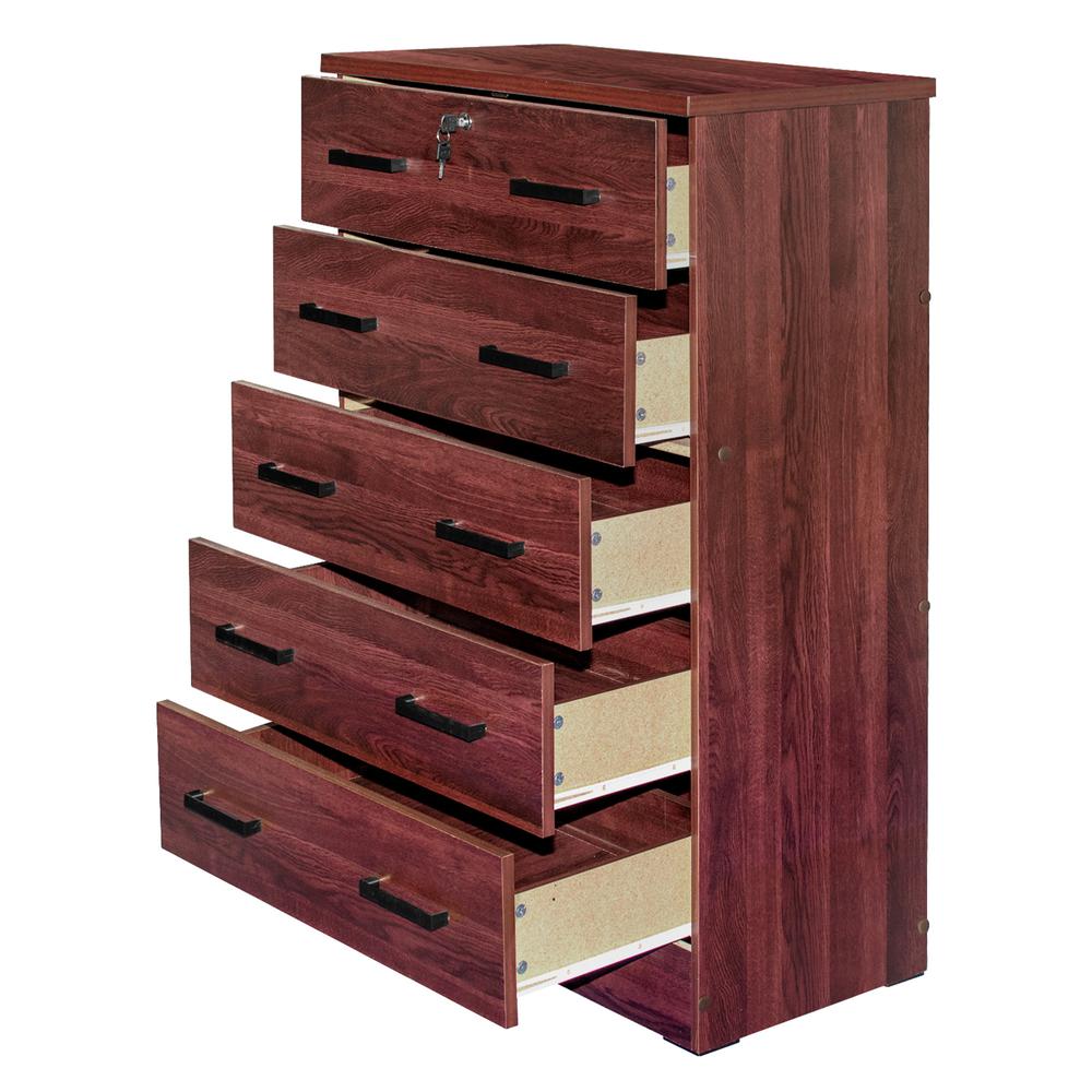 Better Home Products Cindy 5 Drawer Chest Wooden Dresser with Lock in Mahogany. Picture 1